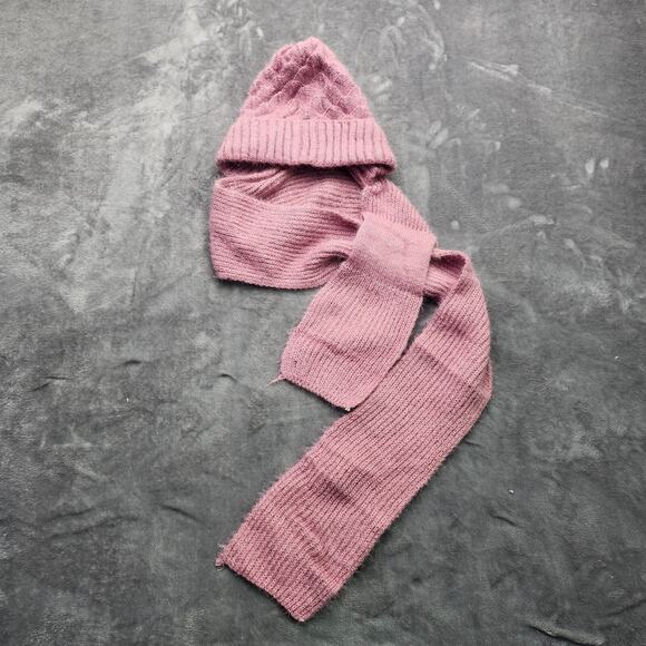 Womens Thick Warm Knitted Hat with Integrated Scarf Pink and Gray - Picture 2 of 5